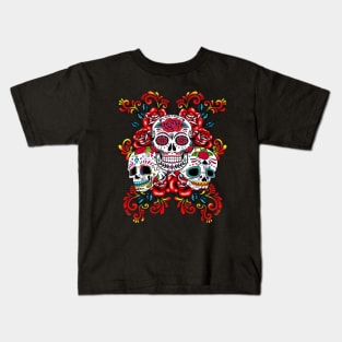 Triple Skull Red Floral Day Of The Dead Sugar Skulls Kids T-Shirt